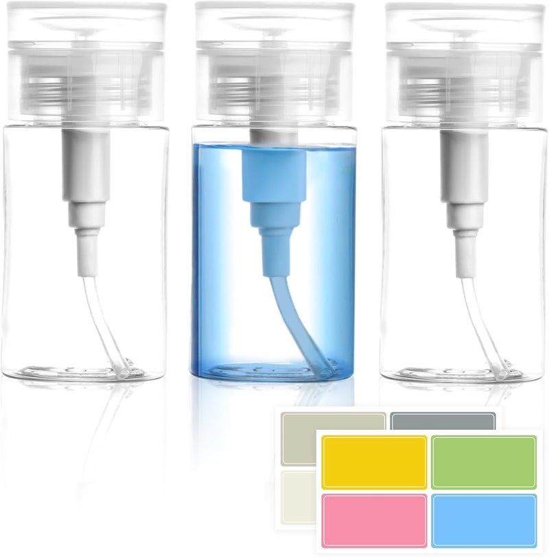 ETTSNU 3 Pack Push Down Pump Dispenser,Clear Push Top Empty Bottles with DIY Stickers for Alcohol,Nail Polish,Makeup Remover,Toner (100ml) - Image 1